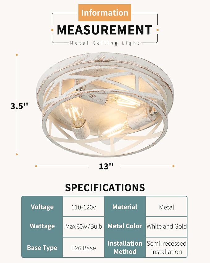 2 Pack Close to Ceiling Light Fixtures, 3-Lights Cage Flush Mount Ceiling Light, 13 Inch White and Gold Semi Flush Mount Ceiling Light for House Bedroom Laundry Hallway Kitchen - Image 3