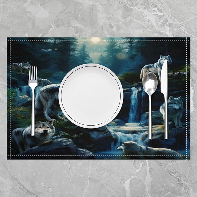 Feelyou Wolf Placemats Set of 4, Wolves Howling Table Place Mats for Kids Silent woles Placemat Animal Wolves Indoor Outdoor Decor Table Mats Washable 18"x12" - Image 2