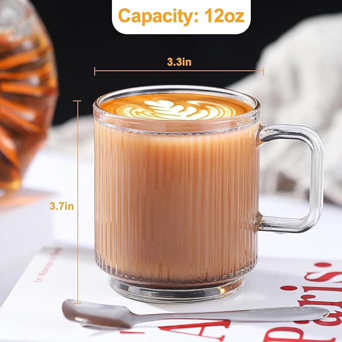 12 PACK Premium Glass Coffee Mugs with Handle, 12 OZ Classic Vertical Stripes Glass Coffee Cups, Transparent Tea Cup for Hot/Cold Beverages, Glassware Set for Americano, Latte, Cappuccino - Image 2