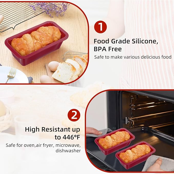 Tobeelec 10 Pcs Silicone Bread Loaf Pan, Non-Stick Silicone Loaf Pans for Baking, Silicone Baking Mold for Homemade Loaf, Bread and Meatloaf (Red)