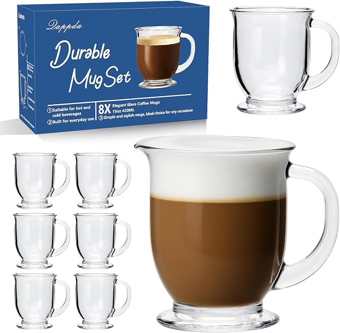 QAPPDA Glass Mugs, Clear Coffee Mugs With Handle 15 oz,Tea Mugs 450ml | Beer Glasses With Handle,Glass Cup Drinkware For Beverage,Juice,Latte Cups Cappuccino Mugs Beer Mug Water Cups Sets of 8 by QAPPDA