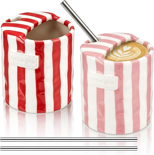 2 Pack Ceramic Coffee Mug with Sip Hole Espresso Cup 10oz with Straws Retro Hand Painted Striped Ceramic Iced Coffee Tea Travel Mug Latte Cup for Kitchen Dining (Simple,Red,Pink) by Ferrochef