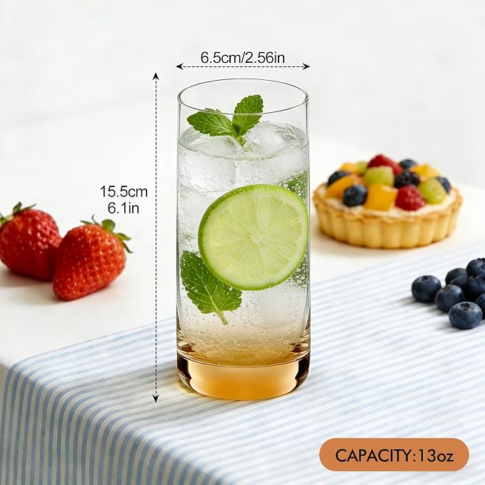Amber Highball Glasses Set of 6,13oz Drinking Glass Cups for Mixed Drink Cocktail, Beer, Mojito, Water and Juice,Thick Tall Crystal Glassware for Kitchen, Restaurant, Home Bar and Parties - Image 2