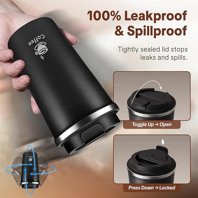 17oz Travel Coffee Mug ,Leakproof Vacuum Coffee Cup Insulated Tumbler | 304 Stainless Steel, Double-Wall Vacuum Insulated, Leakproof, Fits Hot & Cold Drinks Car Cup Holders, Travel, Office - Image 5