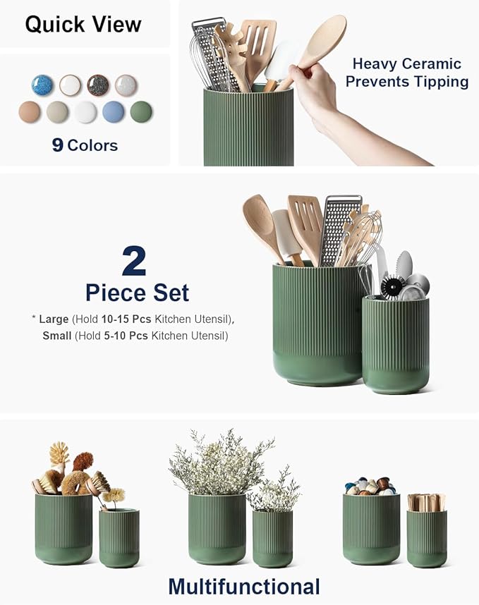 LE TAUCI Utensil Holder for Kitchen Counter, 7.3"+5.4" Fluted Ceramic Utensil Crock Organizer for Countertop, Heavy Large Holder for Spatulas, Spoons, Set of 2, Forest Green - Image 2
