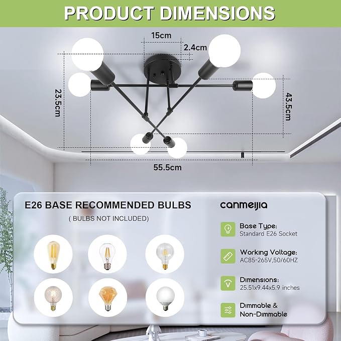 CANMEIJIA Modern Sputnik Chandelier Ceiling Light Fixture with 6 Lights Black Mid Century Ceiling Mount Lights Fixture for Bedroom, Dining Room, Living Room, Kitchen, E26 Base, Bulbs Not Included - Image 3