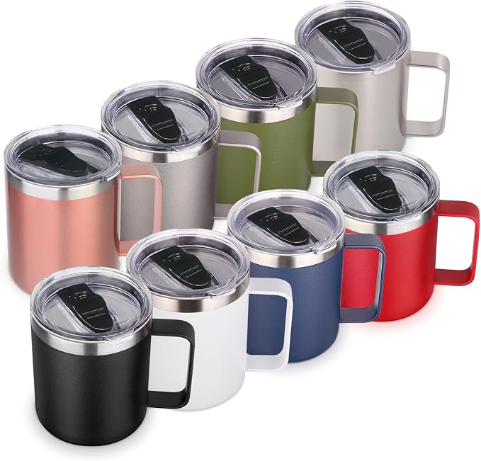 Volhoply 14oz Insulated Stainless Steel Coffee Mug with Lid Bulk 8 Pack,Double Wall Vacuum Travel Coffee Cup with Handle,Reusable Metal Cups Tumbler Cup, Camping Mugs,Ideal Gifts(Mix,8) by LiveFully%EF%BC%8CDrinkFreely%E2%80%94KeepGoingwithVolhoply%EF%BC%81