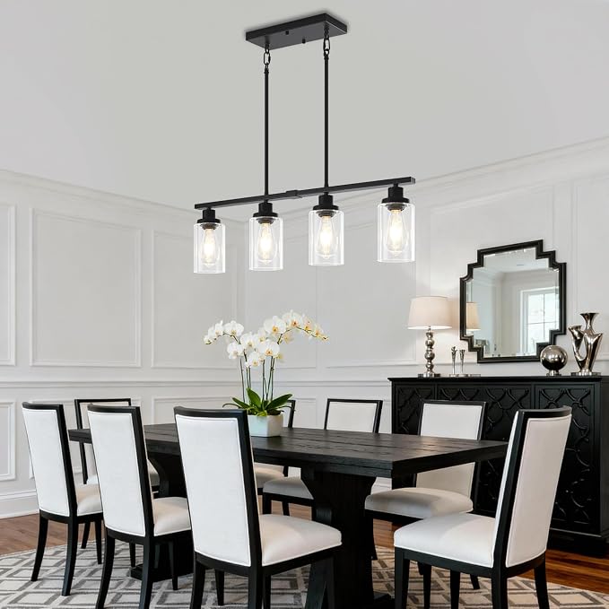 Modern Island Lights for Kitchen Black Dining Room Light Fixtures | 30'' Linear Chandelier Over Table, 4-Light Farmhouse Kitchen Island Lighting Clear Glass Shades, Adjustable Height - Image 2