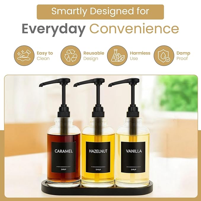 Syrup Pump for Coffee Syrup Bottles – 4-Pack Dispenser Pumps Fits 750ml / 25.4 oz Flavoring Syrup Bottles – Compatible with Torani & More – Black Coffee Syrup Dispenser Pump for Home & Cafe Use