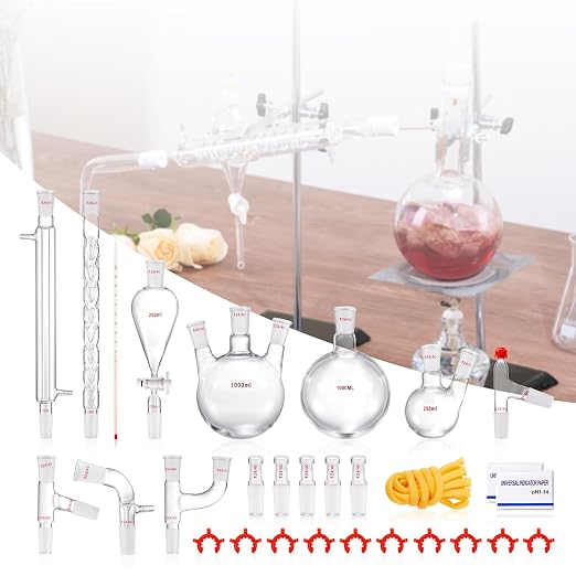 VEVOR Lab Distillation Kit, 3.3 Boro Lab Glassware Distillation Kit with 24, 40 Joint, 1000ml Essential Oil Distillation Apparatus Kit, 29 pcs Set of Glassware Equipment - Image 8