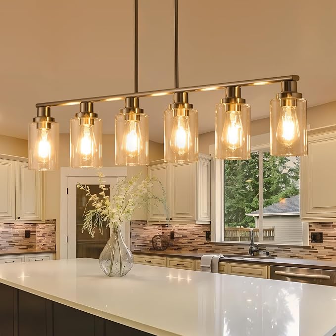 Dining Room Light Fixtures Over Table,6-Light Farmhouse Kitchen Island Lighting,44.3'' Linear Chandelier Pendant Lighting for Kitchen Island for Brushed Nickel Finish with Clear Glass Shade - Image 7