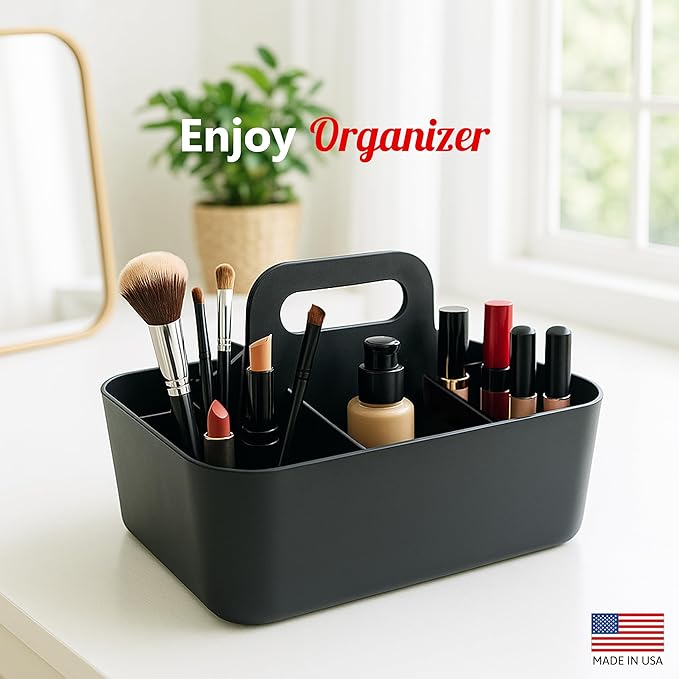 2 Pack Small 6 Compartment Multiuse Caddy Organizer with Handle Art Craft Supplies, Office, Desk, Stationery Pen Holder Stackable- Made In USA (Black/Ivory)