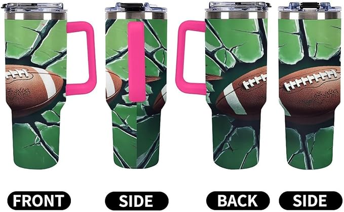 Football Impact on Cracked Glass Tumbler with Handle Insulated Water Travel Coffee Mug Bottle with Lid And Straw Stainless Steel Leak Proof Vacuum Insulated Cup 40 OZ