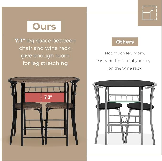 VINGLI 3 Piece Dining Set,Small Kitchen Table Set for 2,Breakfast Table Set for 2,Kitchen Wooden Table and 2 Chairs for Small Space/Dining Room/Apartment,Metal Frame,Wine Rack,Rustic - Image 4