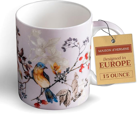 Maison d' Hermine Coffee Mug with Handles Tea Cups (15 Ounce, Pack of 1) | Fine Bone China Coffee Mugs for Hot Beverages Cappuccino Latte Home Restaurant Spring Summer -Equinoxe - Grey - Sparrows by MaisondHermine
