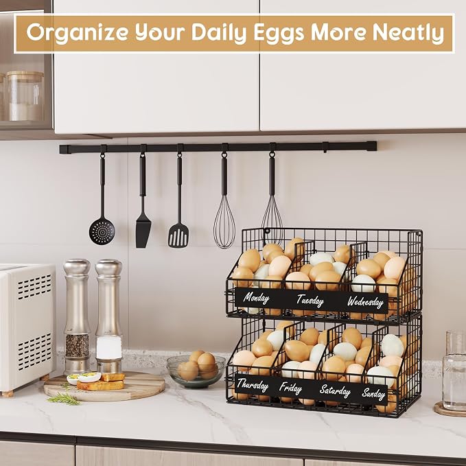 Egg Holder Countertop,Metal Egg Rack with Adjustable Dividers & DIY Labels | 2-Tier Stackable Wire Baskets, XXL Egg Basket for Gathering Fresh Eggs - Wall-Mounted Egg Storage, Chicken Coop Accessories - Image 7