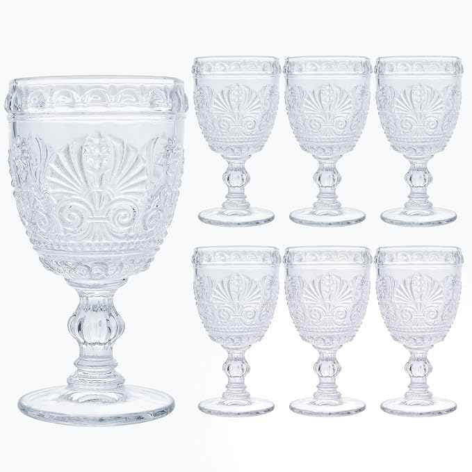 6 Pcs White Wine Glasses,Goblet Glasses,Vintage Glassware, Made of Sturdy and Durable Glass Can be Used for Weddings, Everyday Fun Parties and More! by CHICERA