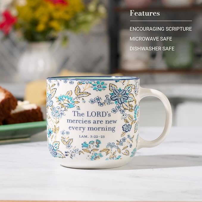 Christian Art Gifts Large Novelty Inspirational Microwave & Dishwasher Safe Ceramic Coffee & Tea Mug for Women: Meries are New Encouraging Scripture, Easy Hold Handle, White & Teal Blue Floral, 14 oz - Image 3