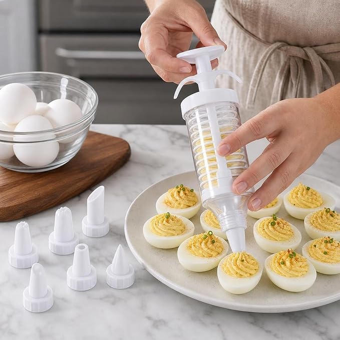 1 SET Deviled Egg Piping Tool, Deviled Eggs Filler Tool with 8 Piping Tips, Cupcake Filler Tool for Baking and Party Preparation, Reusable White Decorating Kit - Image 6