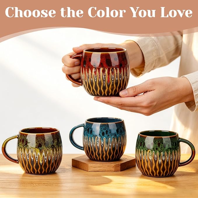 20oz Large Ceramic Coffee Mugs Unique Big Pottery Coffee Mug Microwave Safe Cool Stoneware Cups for Tea Latte Oversized Mug With Handle for Home Red Wide Clay Mugs for Men Fancy Handmade Ceramic Cup - Image 3