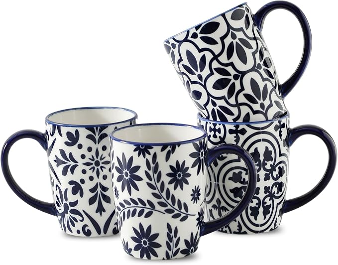 HASENSE 15OZ Coffee Mugs, Ceramic Coffee Mugs Set of 4 with Handle, Coffee Cups Ceramic with Blue and White Floral Patterns, Porcelain Mug Set for Coffee, Tea,Suitable for Home, Office, Vintage Blue by Hasense
