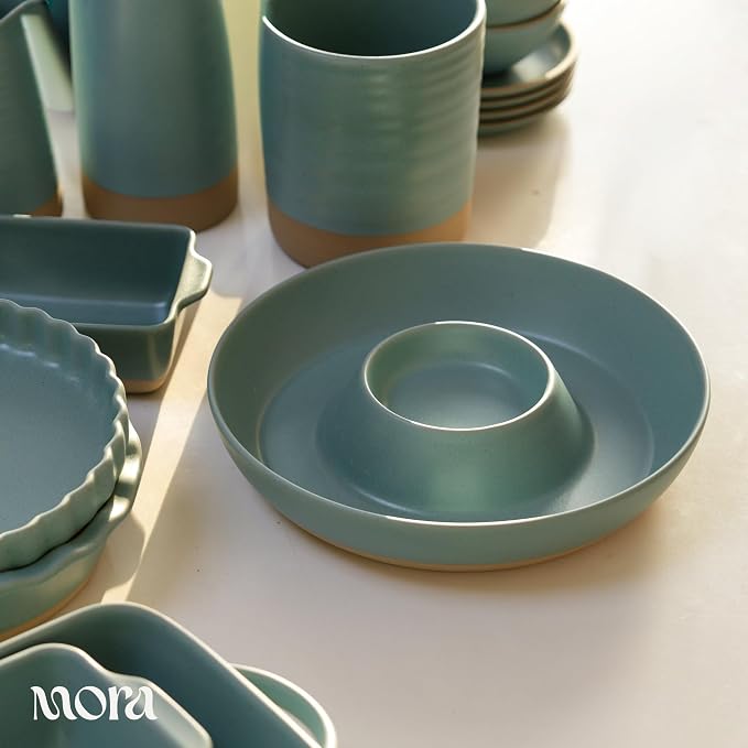 MORA Ceramic Chips and Dip Serving Tray: Large Divided Party Bowl Set for Chips & Salsa, Veggies & Dip, Fruit, Snacks, Entertaining, Hosting, etc. Minimalist Design for the Modern Hostess - Iris - Image 7