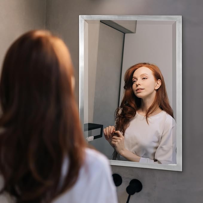 Head West Brushed Nickel Stainless Steel Metal Framed Mirror for Bathroom Vanity – Decorative Rectangular Bathroom Mirror for Over Sink, Bedroom & Living Room, 30"x40" - Image 2
