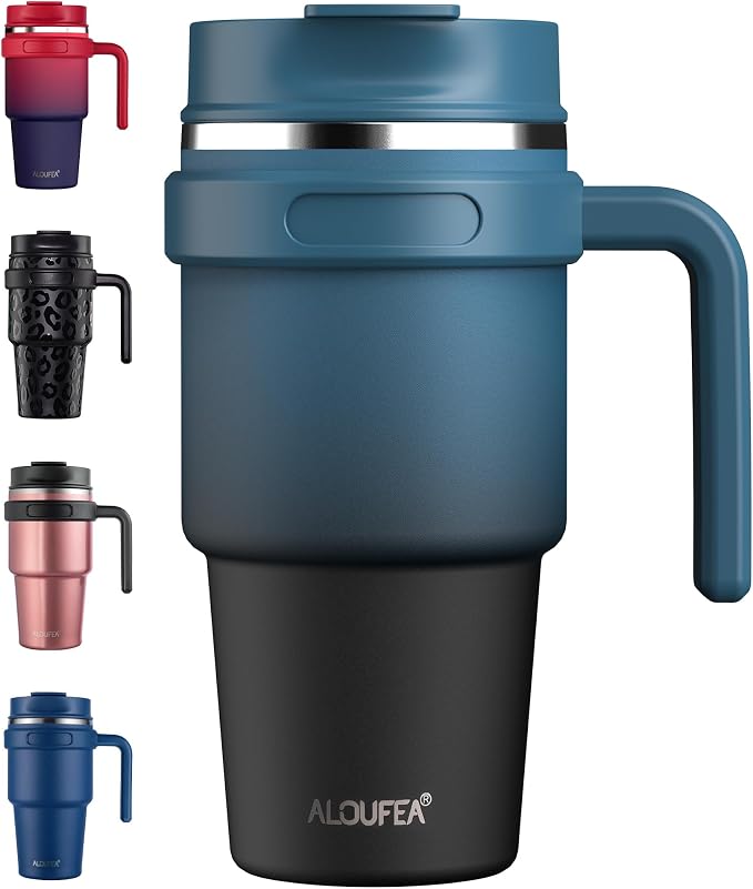 20 oz Insulated Travel Coffee Mug Tumbler with Handle and Straw | Leakproof Stainless Steel Coffee Cup with Lid, Double Wall Vacuum Ice Thermal Cup, Indigo Black by ALOUFEA