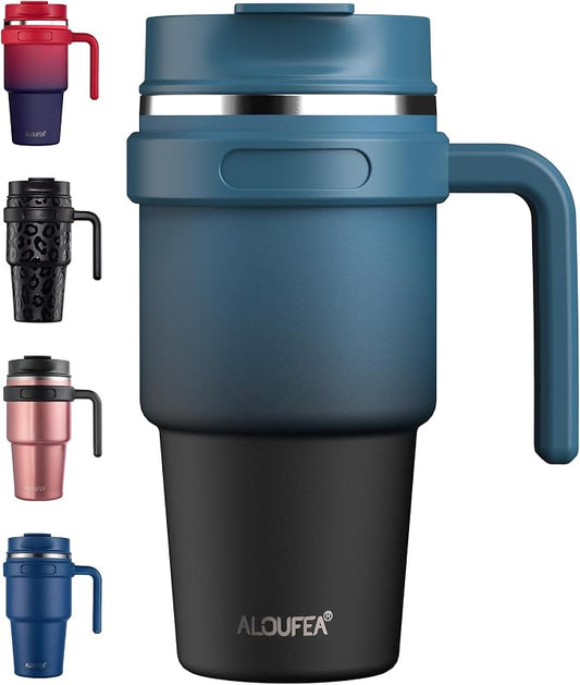 20 oz Insulated Travel Coffee Mug Tumbler with Handle and Straw | Leakproof Stainless Steel Coffee Cup with Lid, Double Wall Vacuum Ice Thermal Cup, Indigo Black by ALOUFEA