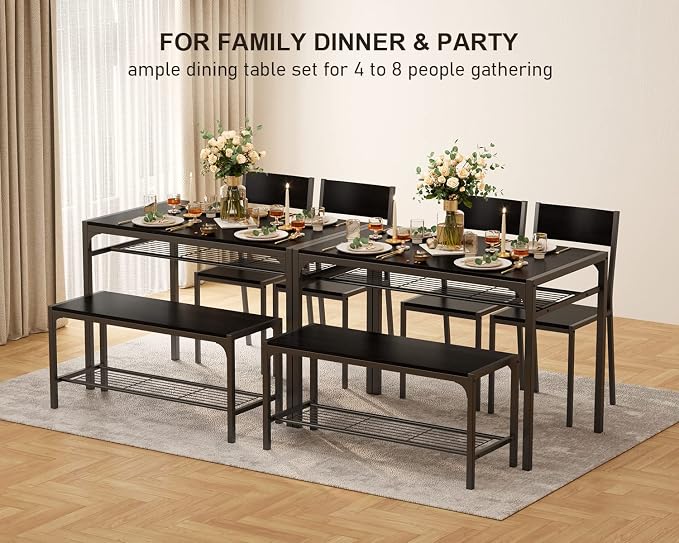 Gizoon 4-Piece Dining Table Set for 4, Kitchen Table with Bench Black | Space-saving black 4-piece dinette set with metal storage rack. Includes 2 ergonomic chairs and 1 bench. Easy to clean. - Image 6