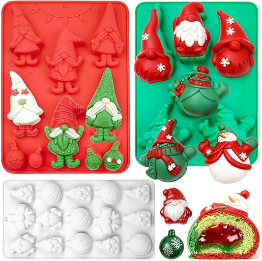 Christmas Silicone Mold for Baking 3 Pack, 3D Christmas Gnome Candy Chocolate Molds Holiday Mini Pie Mould with Christmas Bell Shape for Mini Cakes, Handmade Soap, Chocolate, Jello, Candy and Candles