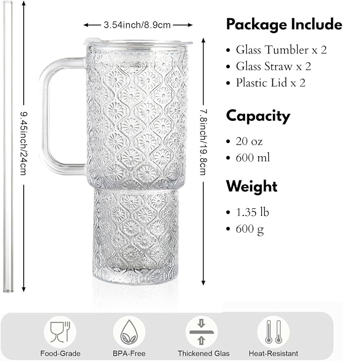 20 oz Glass Tumbler with Lid and Straw, Glass Iced Coffee Cups, Spill-proof Glasses Tumbler with Handle, Hobnail Glasses Drinking Set of 2, Vintage Glassware for Cocktail, Juice, Smoothies - Image 7