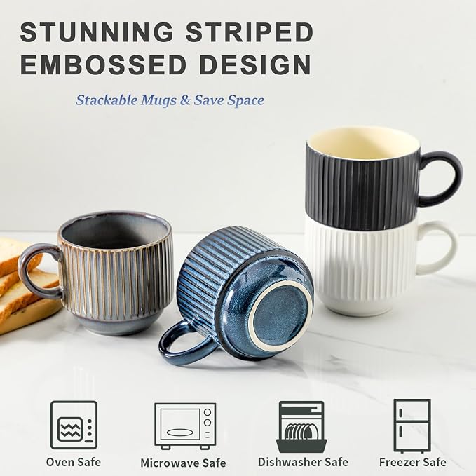Hasense Coffee Mug Set of 4 with Holder - 15 oz Stackable Large Ceramic Ribbed Latte Cup Set for Cappuccino, Tea, Hot Cocoa, Drinks - Dishwasher & Microwave Safe Multi color - Image 4