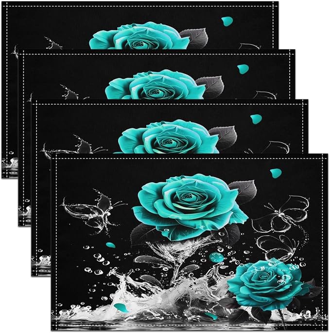 Feelyou Teal Rose Placemats Set of 4 Romantic Floral Blossom Table Place Mats Set for Adult Black Teal Placemat for Kitchen Dining Table Reflection on Water 18"x12" by Feelyou