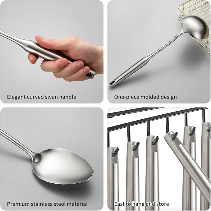 304 Stainlss Steel Kitchen Utensils Set, 11 Pcs Long Metal Cooking Utensil Gadgets Tools Set with Spatula, Ladle, Spoon, Ladle, Skimmer, Tunner, Pasta Server, Tongs(Silver, Dishwasher Safe) - Image 5