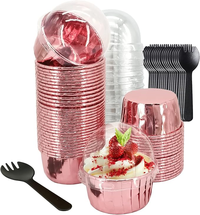 5oz Foil Muffin Cups Muffin Tins 50 Pack,LNYZQUS Jumbo Cupcake Liners with Lids,Disposable Ramekins Pans Cupcake Baking Cups Wrappers for Wedding Bakery-Rose Gold by LNYZQUS