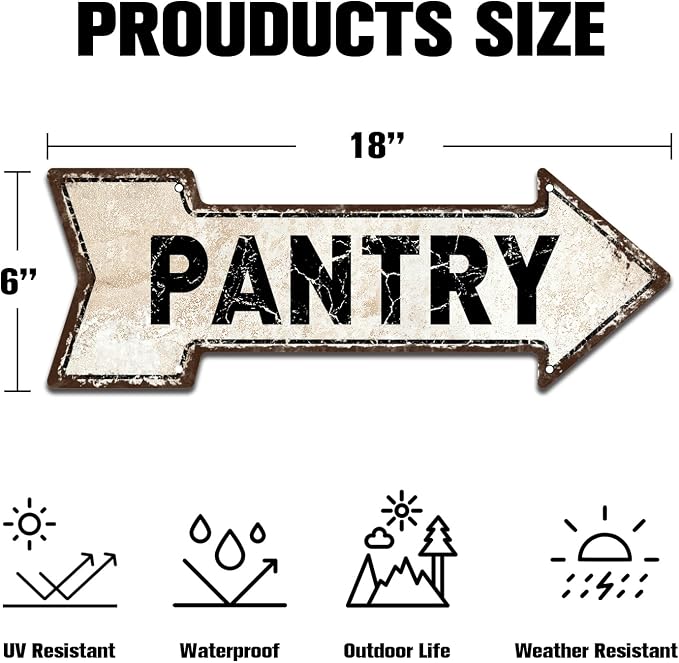 Mukuko Pantry Sign Pantry Metal Wall Decor for Home Kitchen Restaurant Coffee Shop Store Modern Farmhouse Wall Decor Housewarming Gift, 6" x 18" Arrow Metal Tin Sign - Image 3