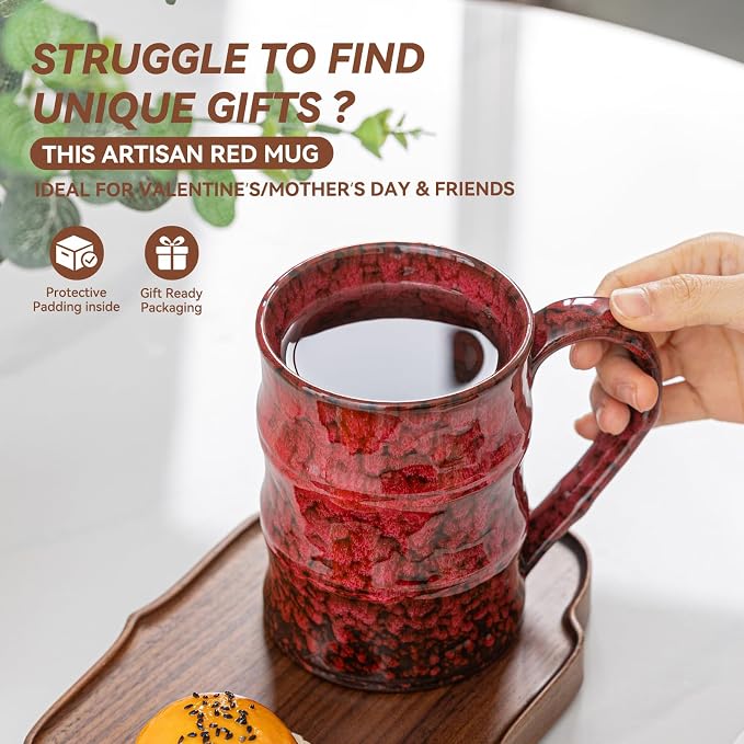 22oz Red Kiln-Change Ceramic Coffee Mug with Ergonomic Handle, 1340℃ High-Fire Unique Large Mug - Lead-Free, Microwave Safe, Great Gift for Valentine’s/Mother’s Day - Image 4