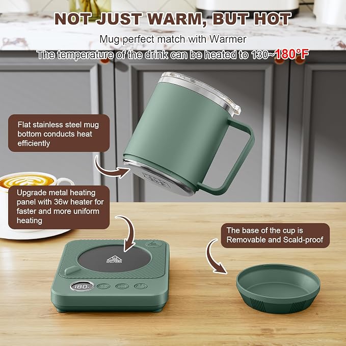 Felibeaco Coffee Mug Warmer & Mug Set for Desk, Smart Coffee Cup Warmer with 16oz Heated Mug, Cup Heater with Auto Shut Off for Office/Home, Coffee Gifts for Men&Women, for mom,Green - Image 2