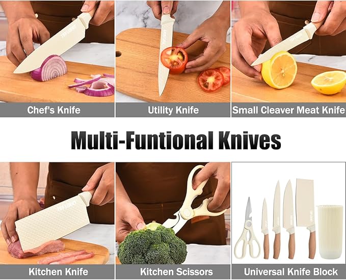 Knife Set, Wiztoynia 6-Piece Beige Kitchen Knife Set for Home, Anti-Rust Non-stick Stainless Steel Sharp Chef Knife Set with Universal Knife Block for Kitchen, Ergonomical Design (Beige) - Image 4