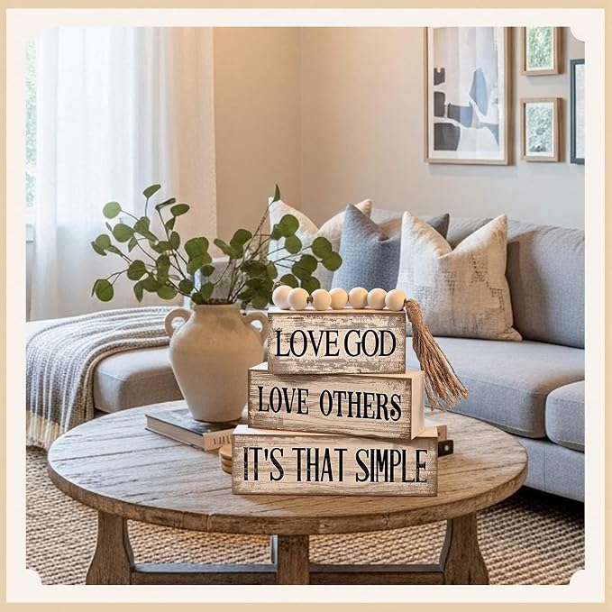Moucuny 4 Pcs Christian Table Decor Rustic Wooden Block Sign Set with Love God Love Others It's That Simple Farmhouse Stacked Decor with Beaded Garland Tassel Christian Home Decorations for Home Shelf - Image 7