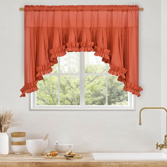 Likiyol Linen Valances for Windows Farmhouse Ruffle Swag Valance Rustic Country Window Valances Light Filtering Kitchen Curtains Rod Pocket Valance Curtains for Bathroom Cafe, Orange, 60" W x 36" L - Image 3