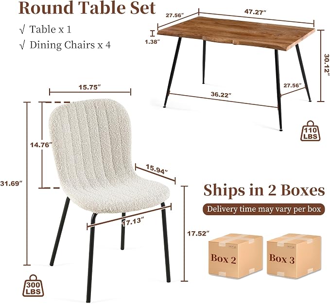 Rectangle Dining Table Set for 4 with White Boucle Chairs | 5-Piece Mid-Century Modern Set, Irregular MDF Table, Wood Grain, Space-Saving for Small Spaces, Dining Rooms, Easy Assembly - Image 4