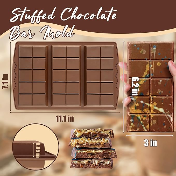 HKNMTT Chocolate Bar Mold Silicone, Large Stuffed Dubai Pistachio Deep Bar Moulds Kit 0.85 Inch Thick Big, Ideal for Homemade Making Candy Bar Bpa Free DIY