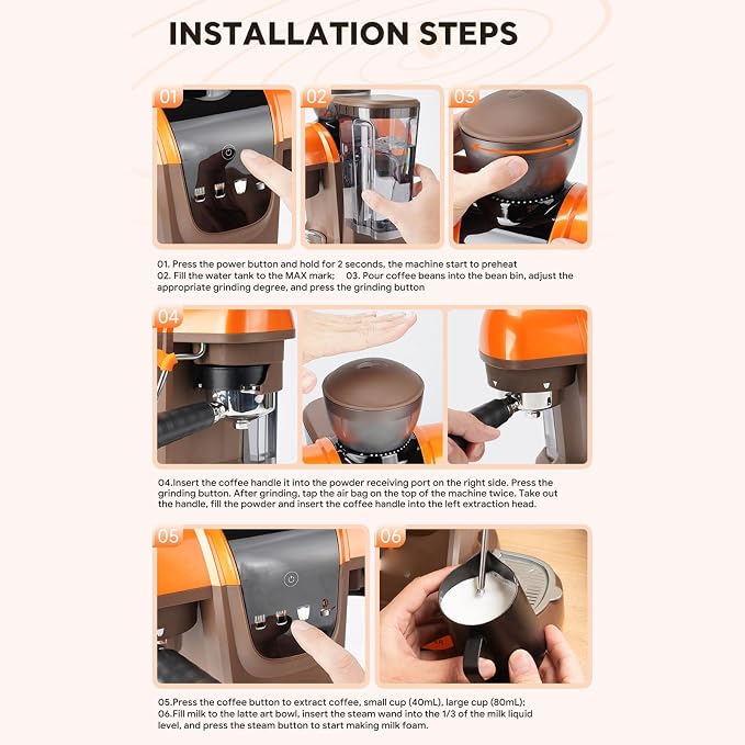 AUNMAS Coffee Maker, Espresso Machine with Tamper Steam Wand Grinder for Home Office Barista Style, 19 Bar 800ML 58mm Semi Automatic (US Plug 110V) - Image 6