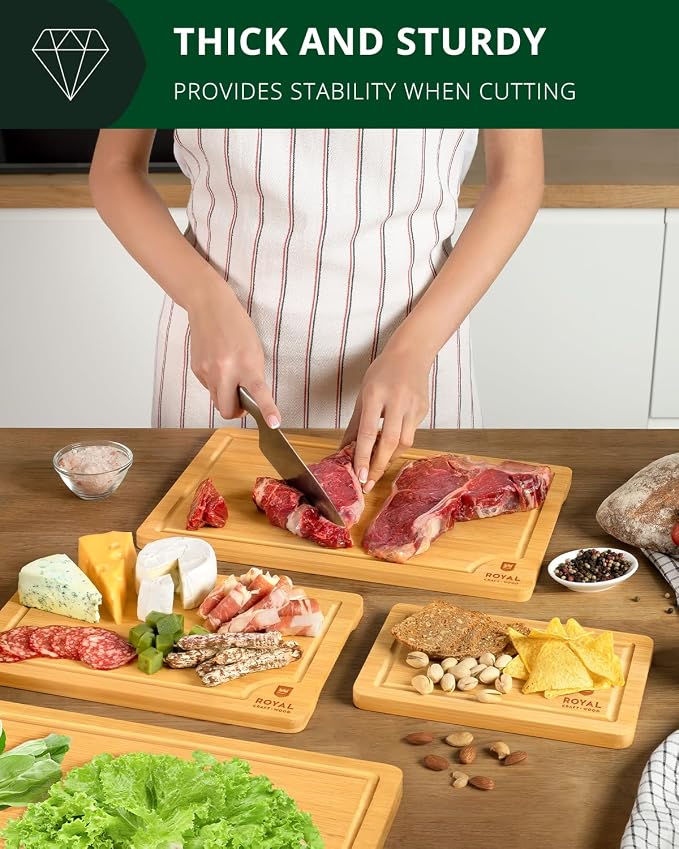 ROYAL CRAFT WOOD Wooden Cutting Boards for Kitchen Meal Prep & Serving - Bamboo Wood Serving Board Set with Deep Juice Groove Side Handles - Charcuterie & Chopping Butcher Block for Meat - Image 8