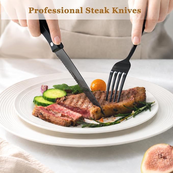 Astercook 24-Piece Black Silverware Set with Steak Knives Flatware Set for 4 Food-Grade Stainless Steel Cutlery Set Mirror Polished Utensils Set Include Spoons and Forks for Home Kitchen Restaurant - Image 5