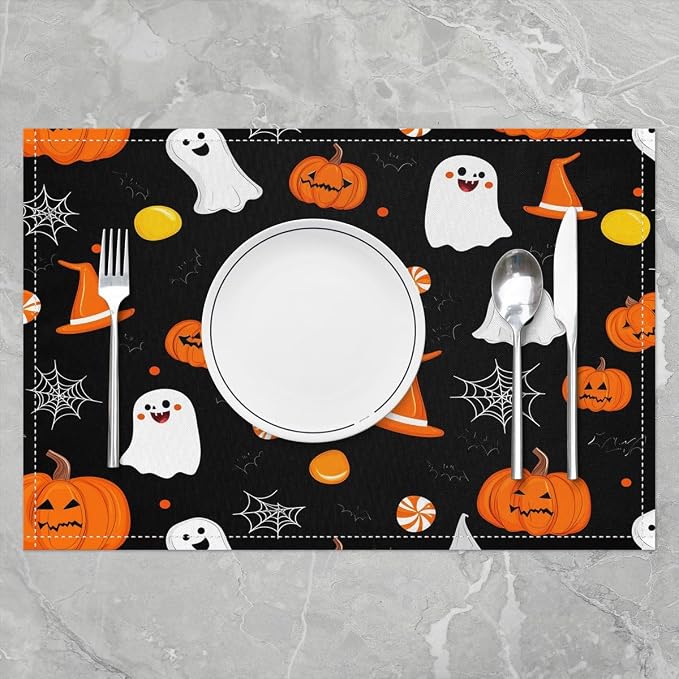 Feelyou Happy Halloween Placemats Set of 4 Cute Ghost Pumpkin Table Mats for Party Kitchen Dining Decoration Orange White Black Place Mat for Table Holiday Decor Indoor Outdoor 18"x12" Non-Slip - Image 2
