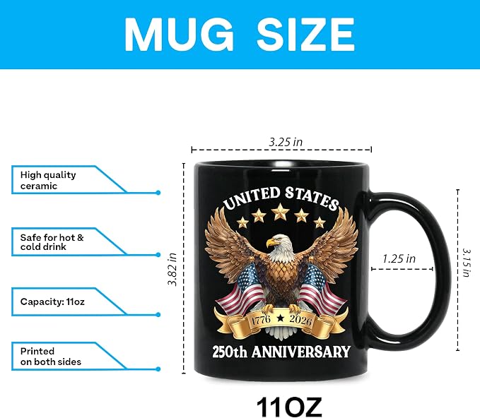 Hyturtle 250th Anniversary of America Coffee Mug, US Eagle 1776-2026 Gifts | 250th Anniversary USA Mug Gifts for Men, Women, American Flag Patriotic Keepsake, American USA Flag Black Coffee Tea Cup - Image 3