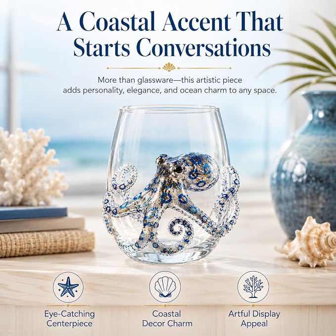 12oz Artisanal Blue Ringed Octopus Glassware, 3D Ocean Animal Artisan Glassware Collection For Fresher Sips, Coastal Elegance & Elevated Home Bar Vibes (One Set) - Image 3